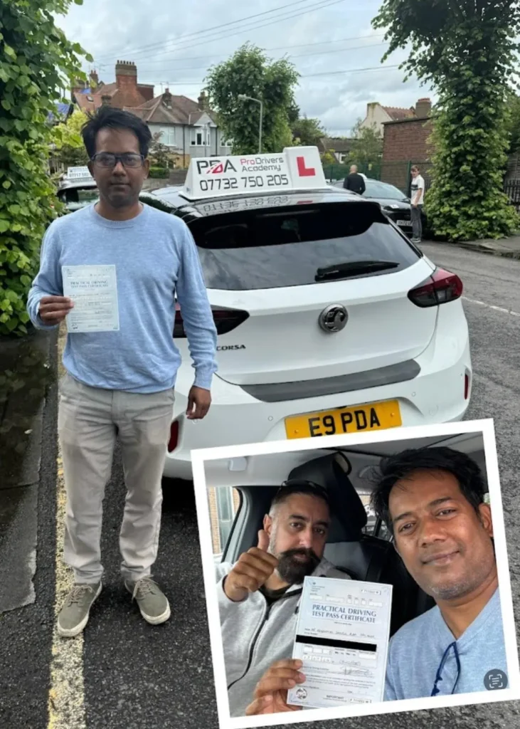 student smiling while standing next to a Pro Drivers Academy car after passing his driving test