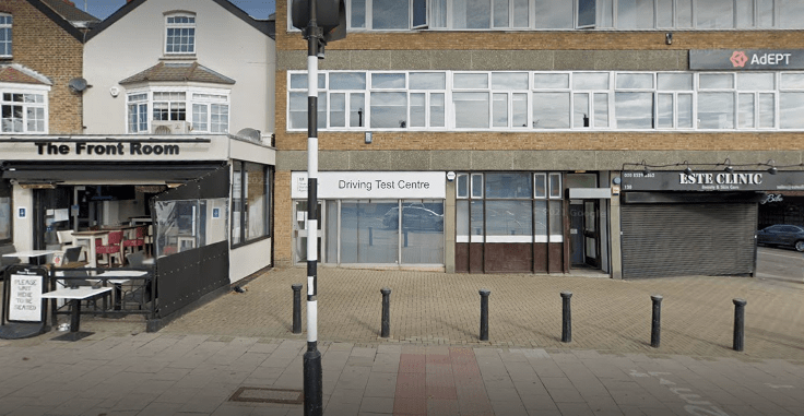 entrance of Chingford Driving Test Centre with signage and surrounding area