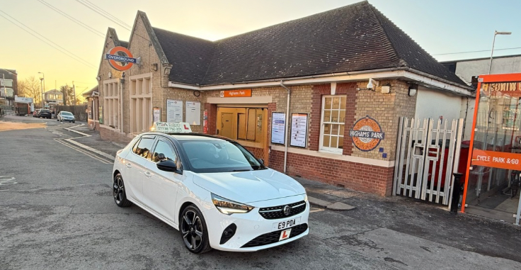Pro Drivers Academy learner driver car parked outside Highams park station with the station building visible in the background