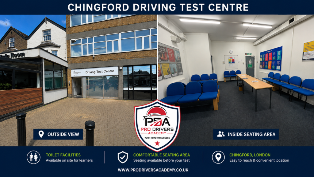 Chingford Driving Test Centre showing the outside entrance and the inside waiting room with seating and toilet facilities for learner drivers taking their practical driving test.