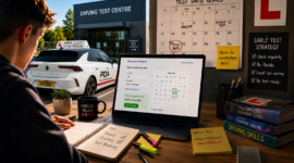 Student searching online for earlier driving test dates on a computer, with a calendar and reminder notes on the desk, while a My Learner Driver car, Pro Drivers Academy branding, and a driving test centre are visible in the background.