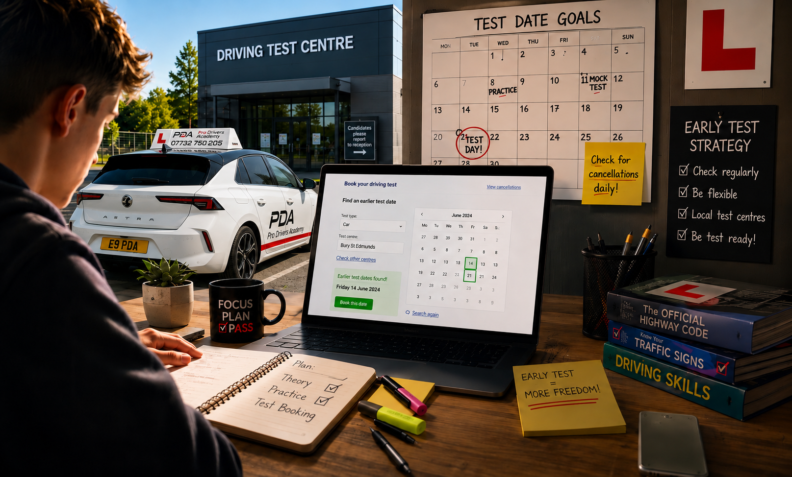 Student searching online for earlier driving test dates on a computer, with a calendar and reminder notes on the desk, while a My Learner Driver car, Pro Drivers Academy branding, and a driving test centre are visible in the background.