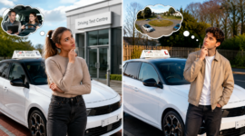 Male and female learner drivers standing beside a driving school car, preparing and thinking about their upcoming Loughton driving test.