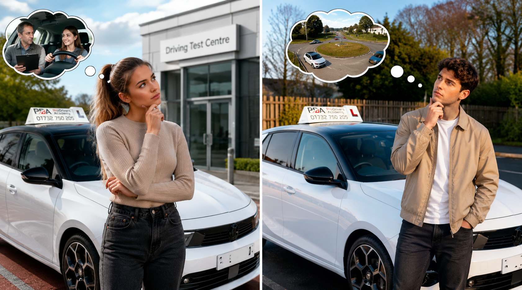 Male and female learner drivers standing beside a driving school car, preparing and thinking about their upcoming Loughton driving test.