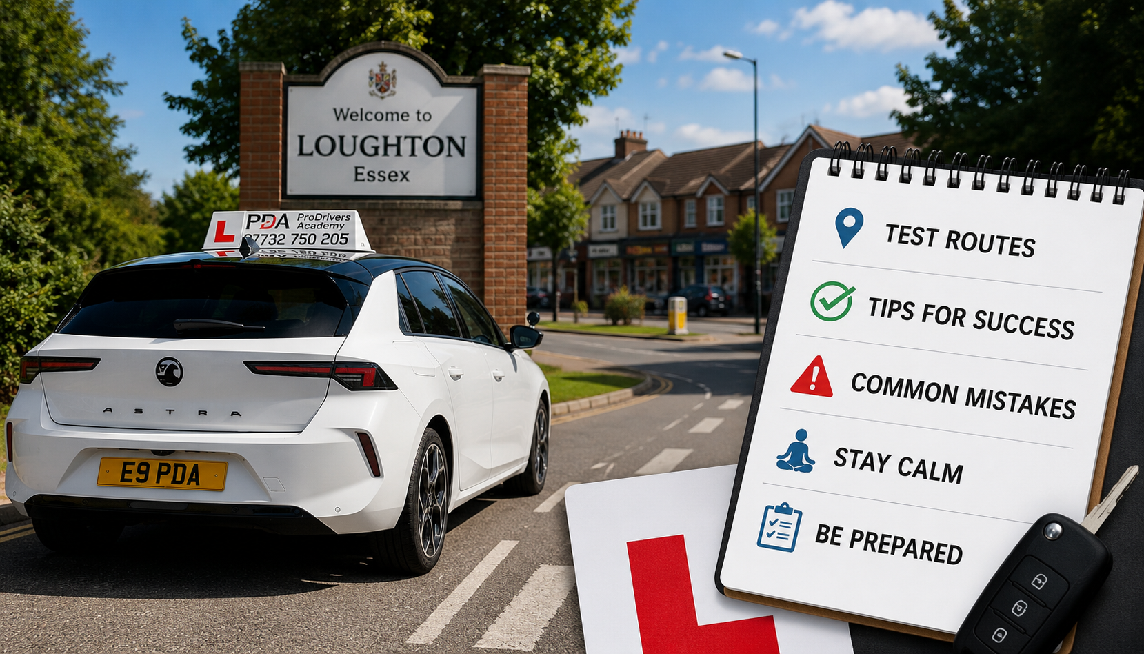 Learner driver car outside Loughton Test Centre with a clipboard displaying driving test route tips, common mistakes, and key advice for passing the Loughton driving test.