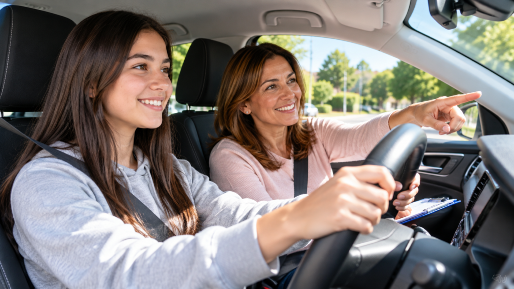 a mum with her daughter helping her with her driving
