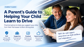 a father helping his child learn to drive safely