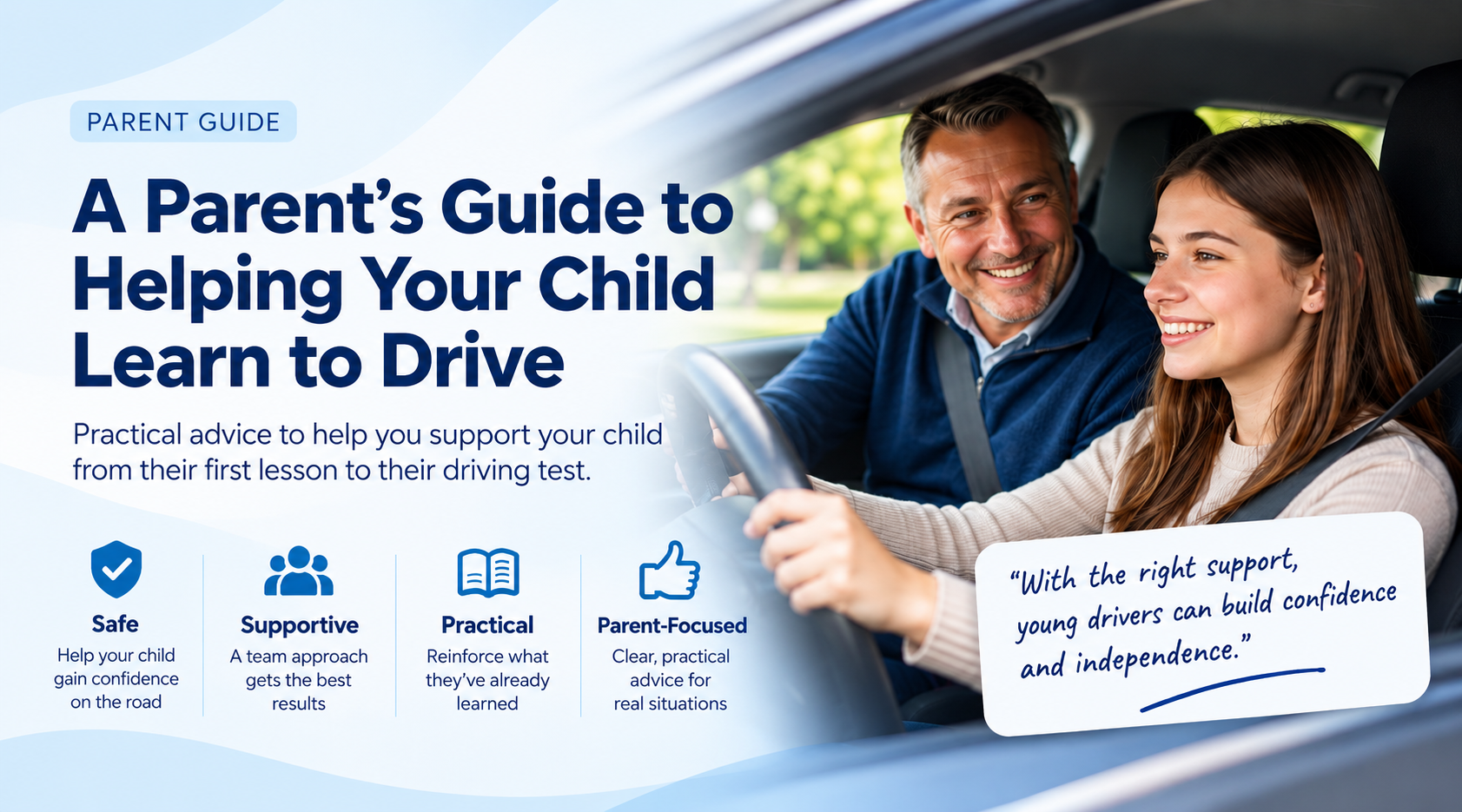 a father helping his child learn to drive safely